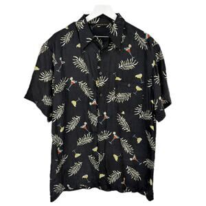 Massini Black Silk Martini Leaves Print Hawaiian Shirt - Men's L